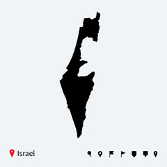 High detailed vector map of Israel with navigation pins.