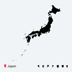 High detailed vector map of Japan with navigation pins.