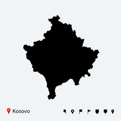 High detailed vector map of Kosovo with navigation pins.