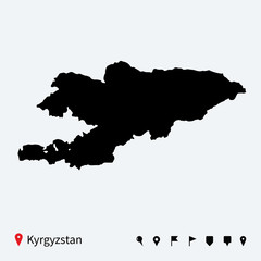 High detailed vector map of Kyrgyzstan with navigation pins.