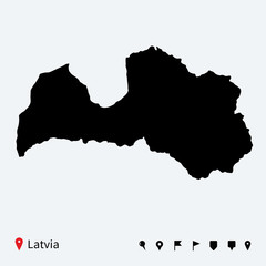 High detailed vector map of Latvia with navigation pins.