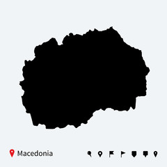 High detailed vector map of Macedonia with navigation pins.
