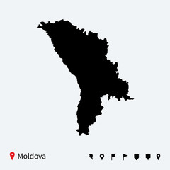 High detailed vector map of Moldova with navigation pins.