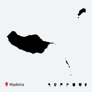 High detailed vector map of Madeira with navigation pins.