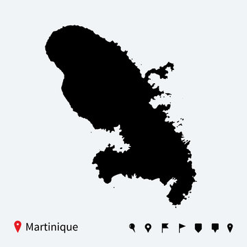 High detailed vector map of Martinique with navigation pins.