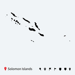 High detailed vector map of Solomon Islands with pins.