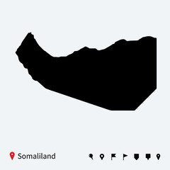 High detailed vector map of Somaliland with navigation pins.