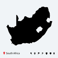 High detailed vector map of South Africa with navigation pins.
