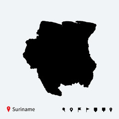 Obraz premium High detailed vector map of Suriname with navigation pins.