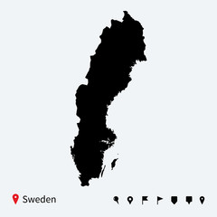 High detailed vector map of Sweden with navigation pins.