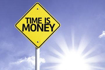 Time is Money road sign with sun background
