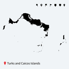 High detailed vector map of Turks and Caicos Islands with pins.