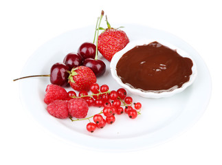 Ripe sweet berries and liquid chocolate, isolated on white