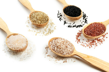 Different sea salt in wooden spoons, close up