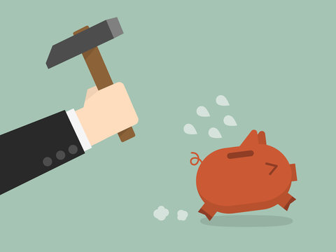businessman try to break piggybank, vector illustration