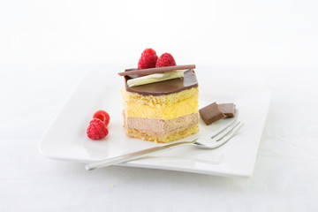 Delicious cake with chocolate and mango cream