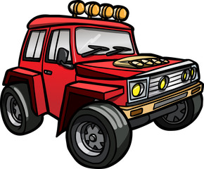 Illustration of a cartoon red jeep. Isolated. Colored