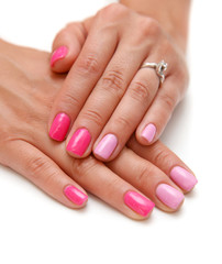 woman's professional pink nails manicure isolated