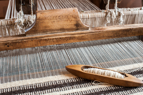 Hungarian traditional homespun. Traditional weaving hand-loom for carpets in Transylvania.
