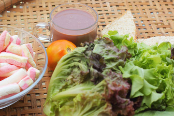 Hot chocolate and marshmallows pink tuna sandwich.