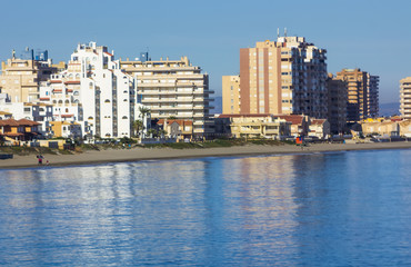 buildings by the sea and the beach in La Manga, Murcia, Spain