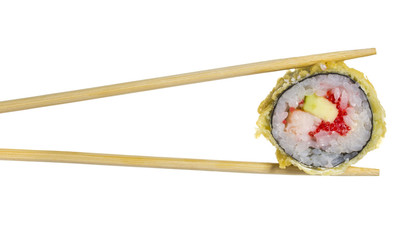 Hot sushi roll in chopsticks isolated on white background