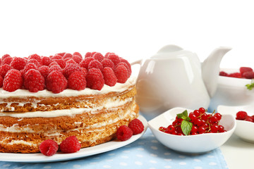 Tasty cake with fresh berries, close up