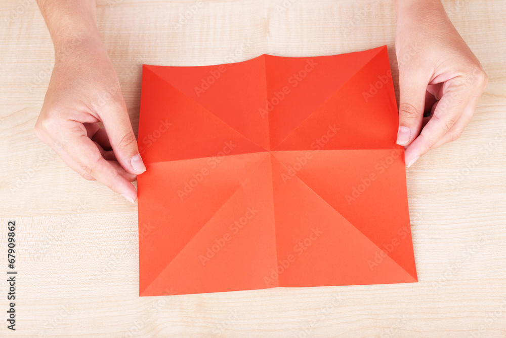 Wall mural Hands making origami figure, close up