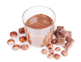 Sweet chocolate cream in jar isolated on white