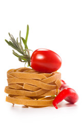 tomato and pasta composition isolated on white