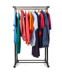 Mobile rack with clothes on white background