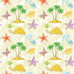 Seamless pattern, palm trees and sea animals