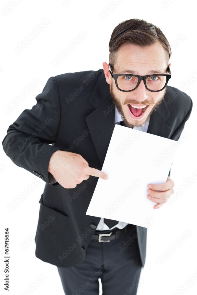 Aufkleber geeky smiling businessman showing paper
