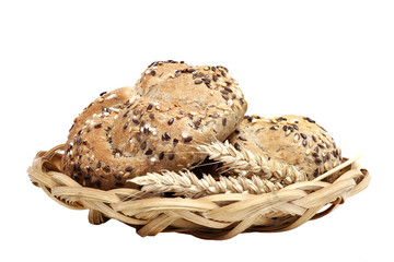 wholemeal buns on rattan bowl