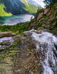 Beautiful scenery of Tatra mountains and waterfall