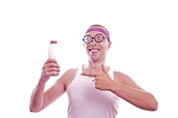 Nerd guy showing with finger on bottle