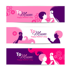 Banners for Happy Mothers Day. Beautiful mother with baby silhou