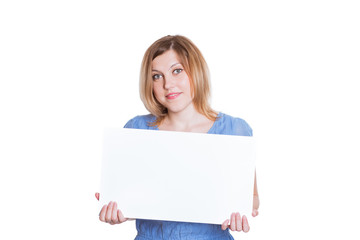 Fototapeta premium cheerful young brunette woman holding a white banner
