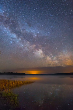 Bright Milky Way over the lake at night