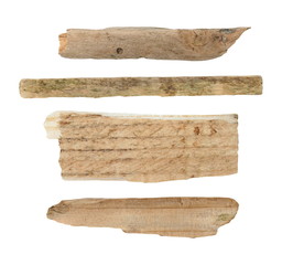 old pieces of broken planks of beech isolated on white