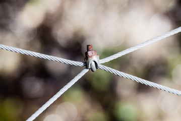 Rusted screw joining four wires.