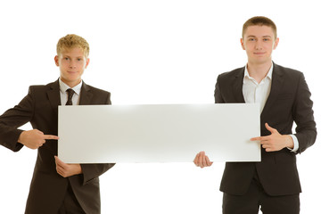 group of two businesspeople holding blank banner