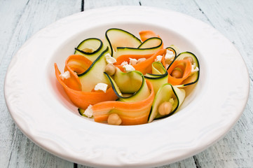 Zucchini salad with carrots, chickpeas and feta cheese