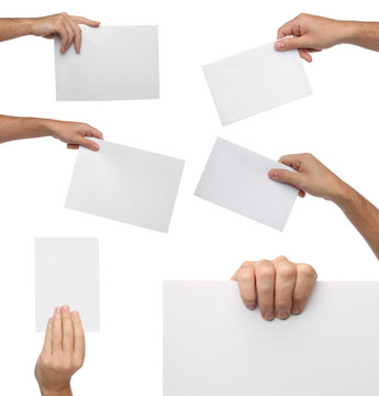 Collection of hand holding blank paper isolated