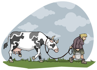 Old woman taing cow home for milking