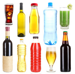 Collage of different  drinks isolated on white