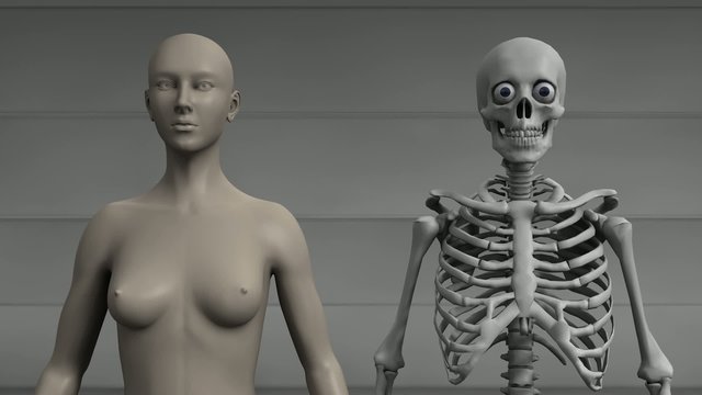女性の裸体のよこで何かしゃべっている骸骨