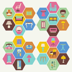 colorful Interior Icons Set in flat style  - Illustration