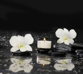 Two white orchid with white candle and therapy stones reflection