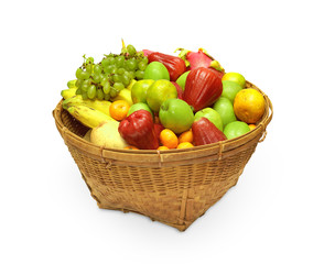 Woven basket full of different fruit.